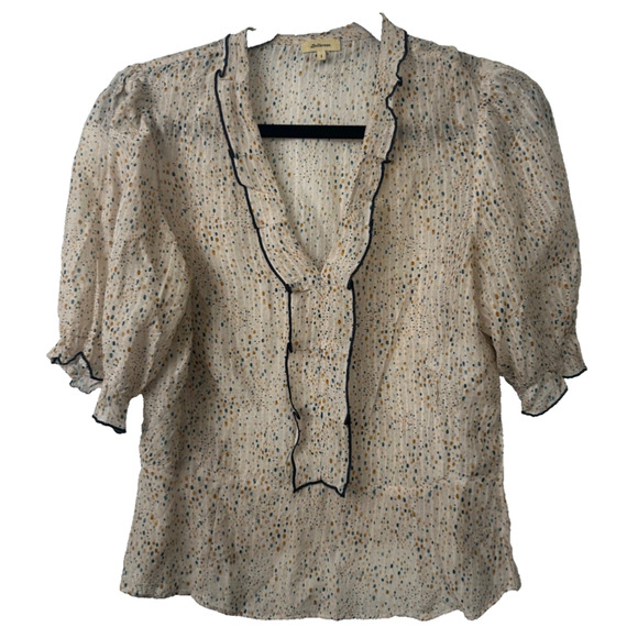 Bellerose Tops - BELLEROSE Womens S Dots Short Sleeve Silk Blend Blouse Peasant Cottagecore A11